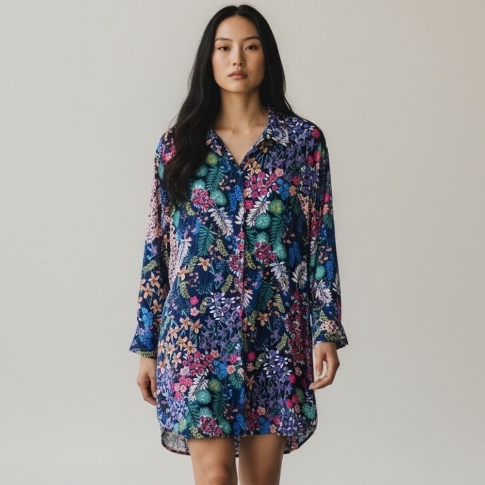 Josie Natori Womens Floral Tropical Button Down Shirt Dress Long Sleeve L